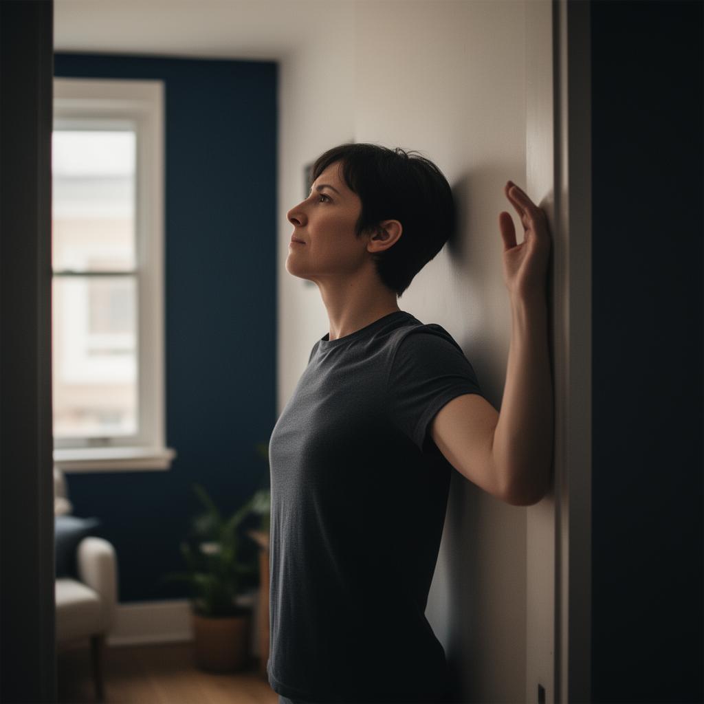 Person performing a posture correction stretch at home