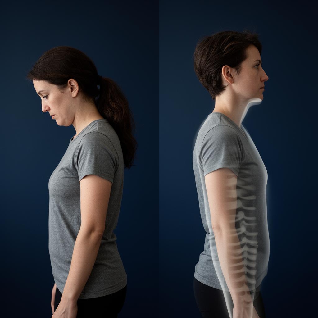 Person standing with perfect upright posture, glowing blue spine alignment