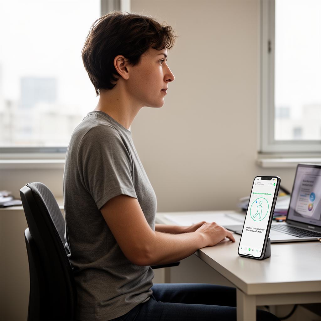 Person at desk receiving a posture reminder on smartphone