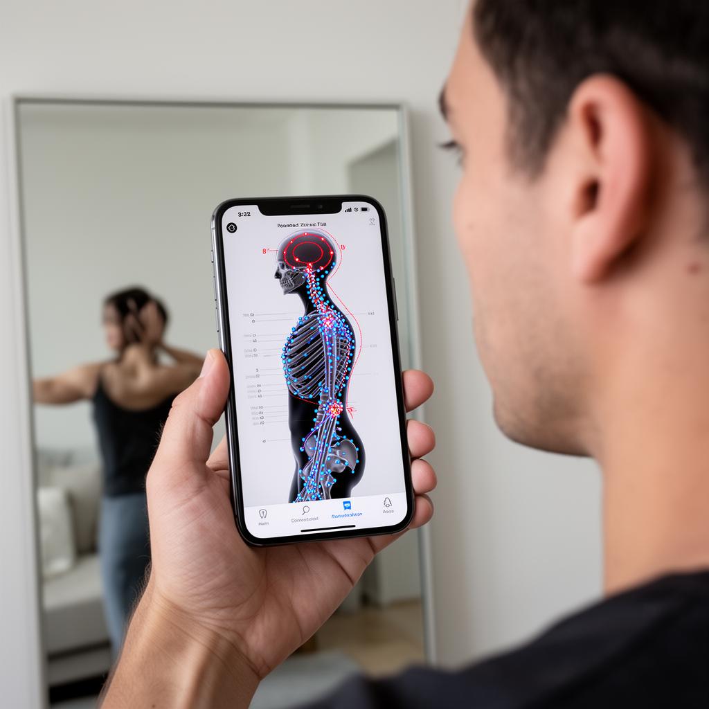 Phone screen showing posture scan with skeletal overlay